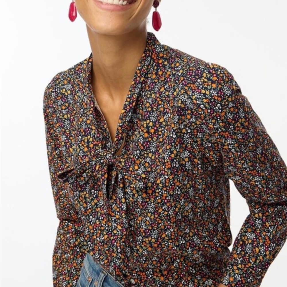 J. Crew Retro Floral Button-Up Blouse with Multicolor Ditsy Print and Ties XL - Picture 8 of 8